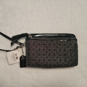 NWT Coach Signature C Black Wristlet W/ Leather Strap Silver Tone Accent